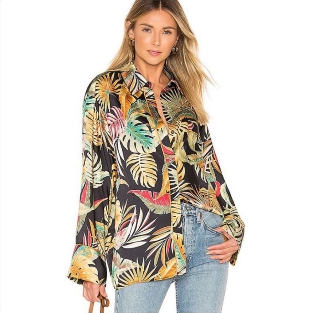 PETERSYN "Savina" Tropical Blouse Black Gold Small NWT Revolve